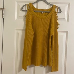 Moral Fiber Knit Sweater with Cut-Out Shoulders, Mustard Color, Sz L